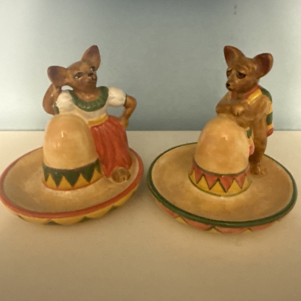Vintage Clay Art Chihuahuas On Sombreros Salt And Pepper Shakers